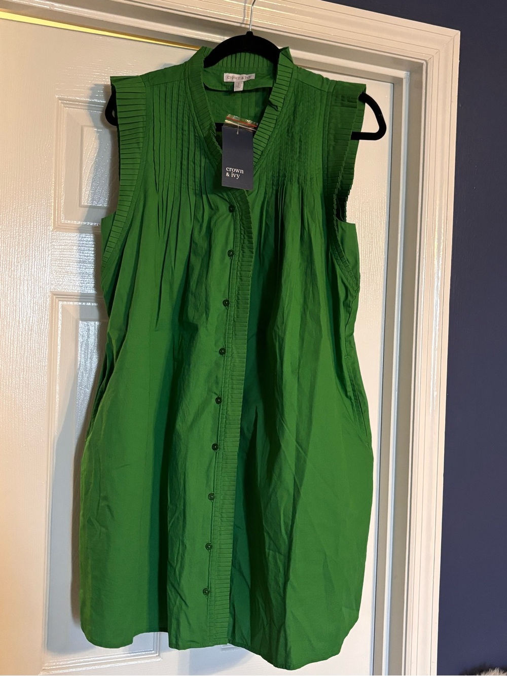 👑Crown & Ivy👑 Sleeveless Green Button-Front Dress
